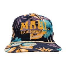 Vintage Maui Blue Hawaiian Snapback Rope Hat -Floral Pattern Blue Purple Floral