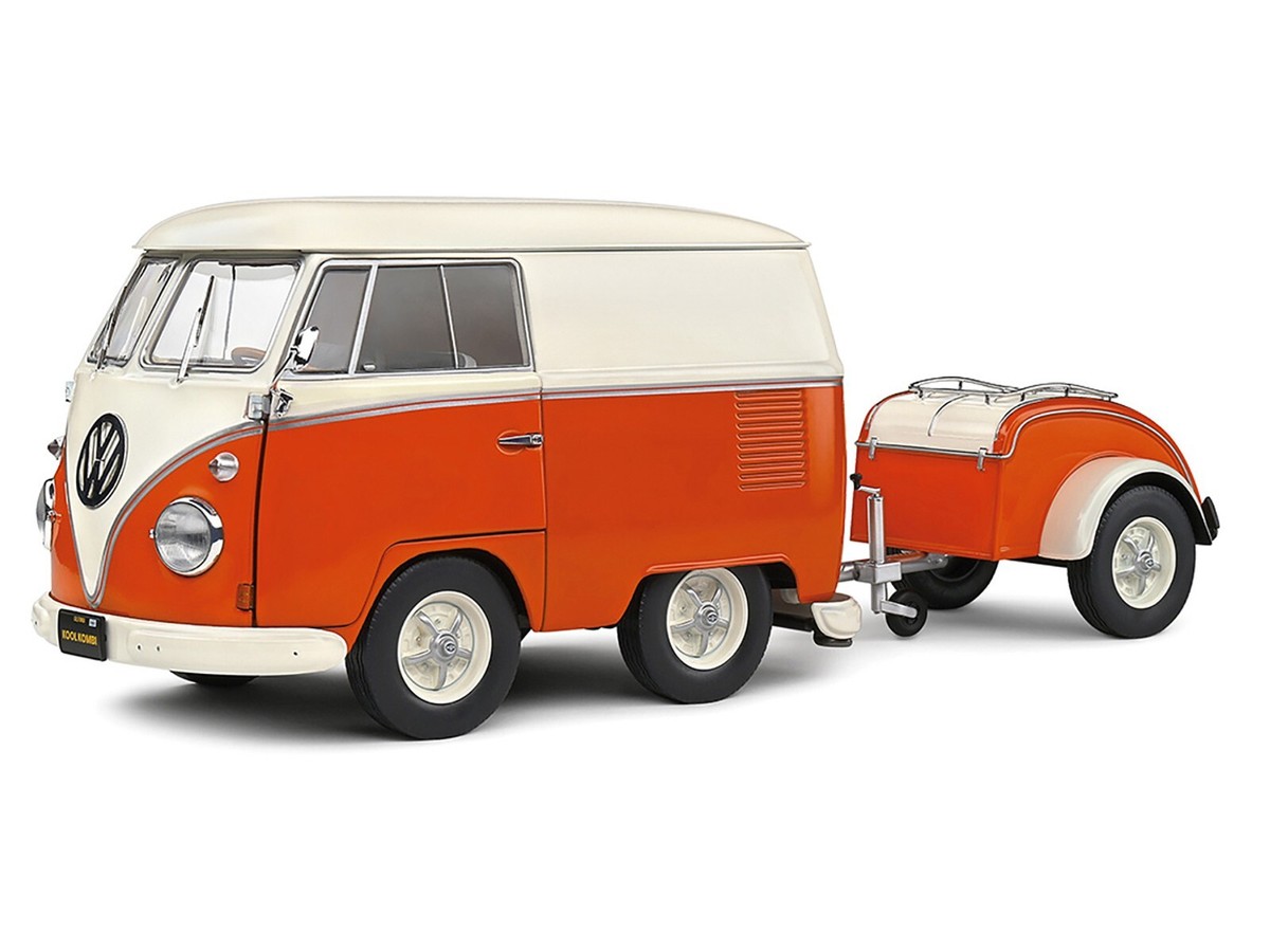 1950 VOLKSWAGEN KOOL KOMBI VAN W/TRAILER ORANGE & WHITE 1/18 BY