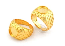Square Checker Adjustable Ring Round Blank Bezel Setting - Shiny Gold Brass 4918