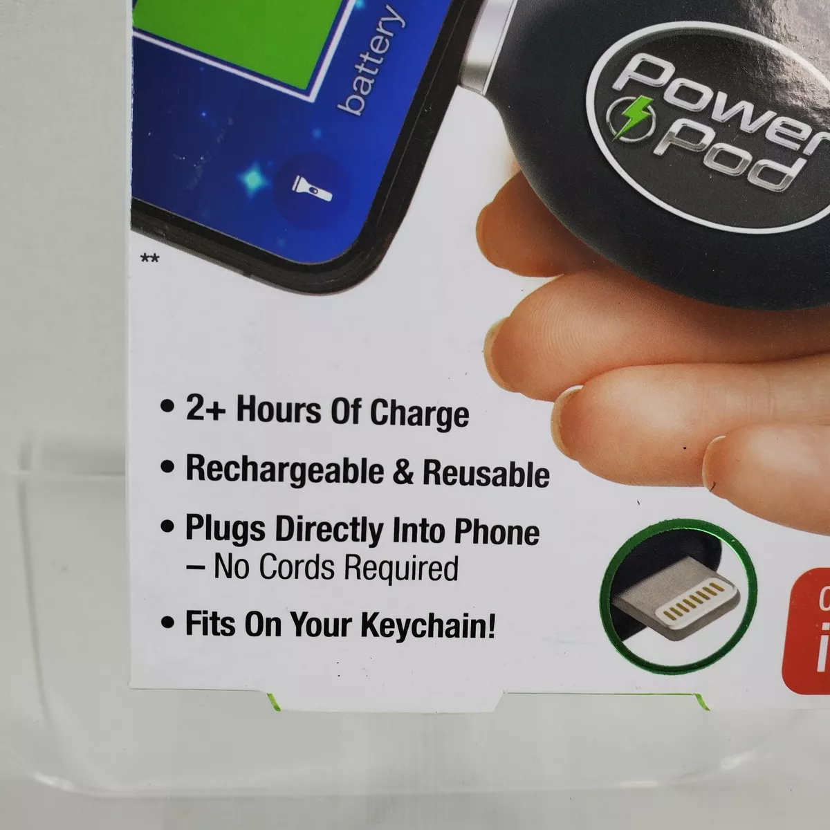 Power Pod Keychain Emergency Phone Charger 2 Hours IPHONE See