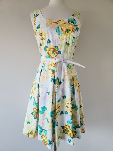 REVIEW Dress Floral Yellow Fit & Flare Size 12 Cross Back Belted EUC
