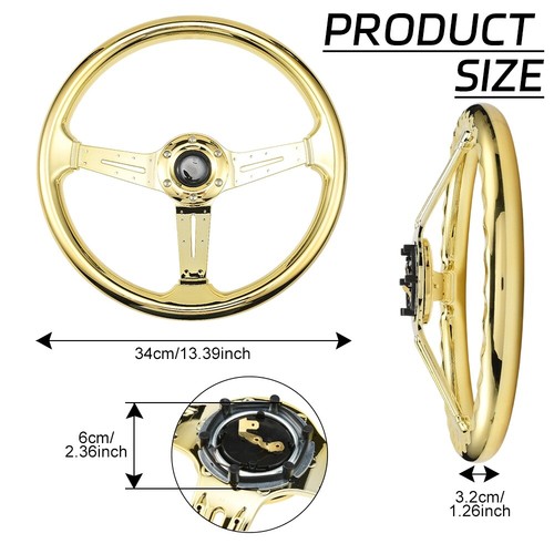 Universal 340mm Car Racing Deep Dish Steering Wheel 6 Bolts Grip with Horn Gold - Picture 7 of 13