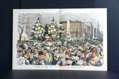 Christmas Parade in New York 1888 SANTA CLAUS REVIEWS FAITHFUL SUBJECTS Puck Art