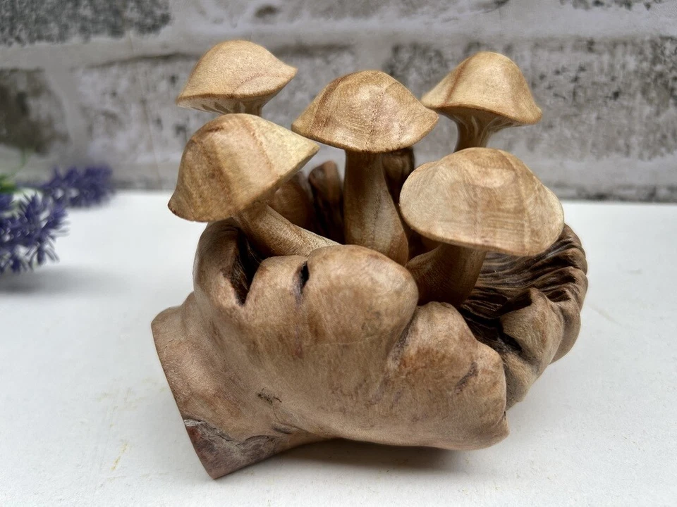Wooden Mushroom Toadstool Sculpture Teak Root Hand Carved Driftwood Ornament - Image 3 of 4