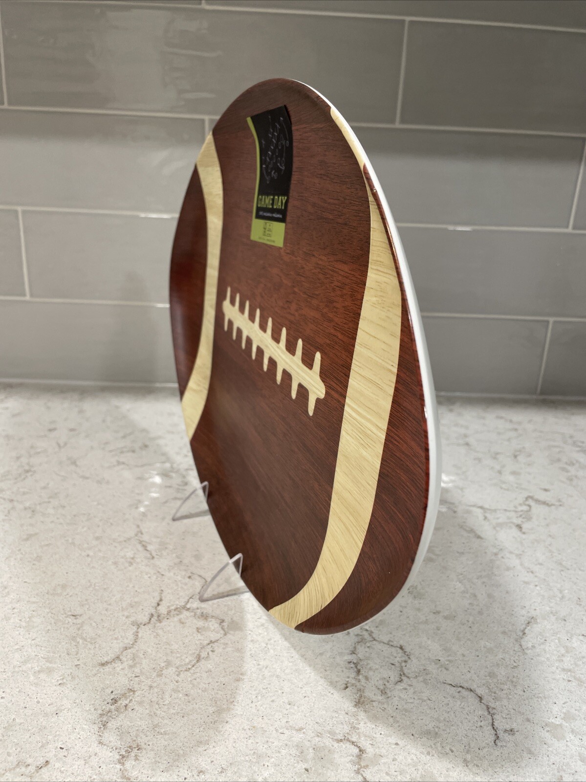 FOOTBALL SHAPE Serving Platter Tray 17x11” Dark Wood Grain Melamine Plate NEW