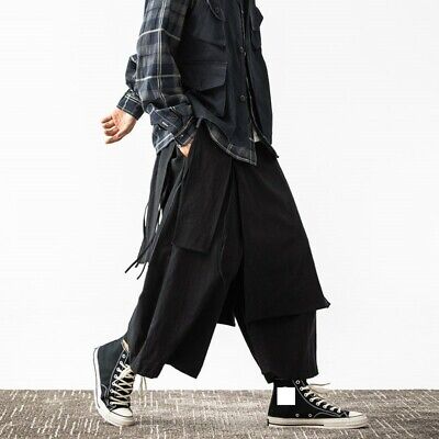 Men's Designer Pantskirt Japanese Wide Leg pants Drawstring Straight Ribbon  New | eBay