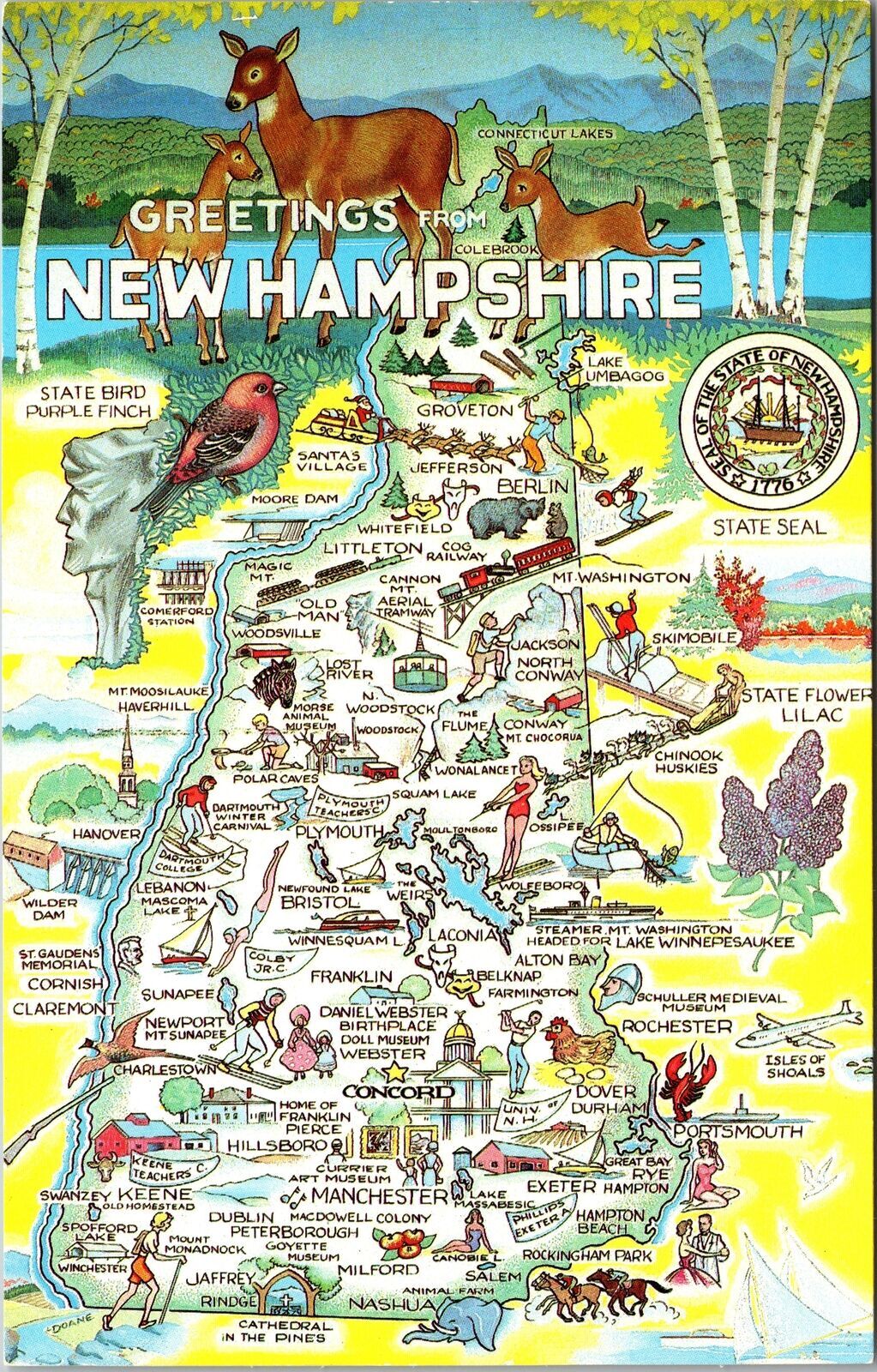 NH-New Hampshire, Map Landmark Greetings, Vintage Postcard