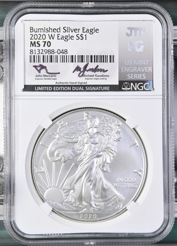 2020 W Eagle Burnished Silver Eagle S$1 MS70 Dual Signature Mercanti Gaudioso - 第 1/3 張圖片