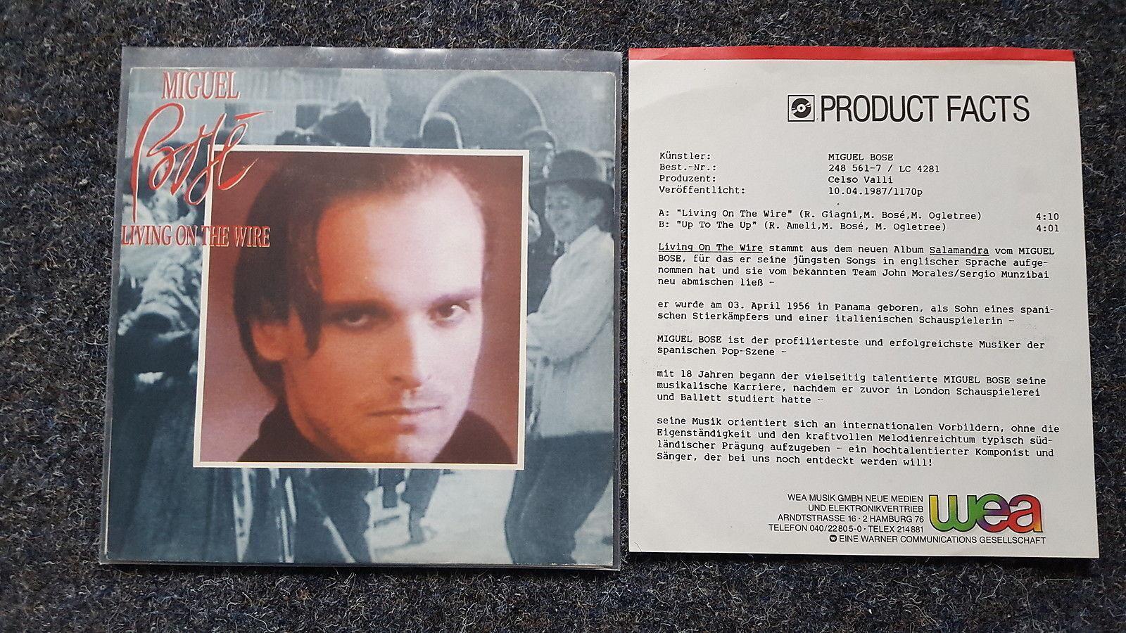 7"" Single Vinyl Miguel Bose - Living on the wire SUNG IN ENGLISH & PROMO Sheet