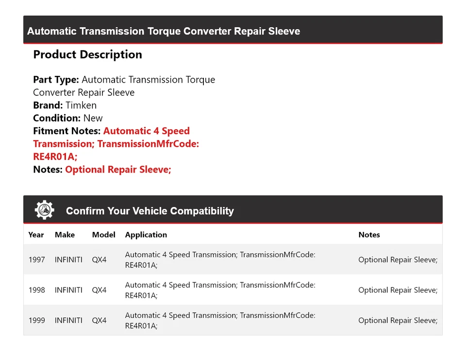Funda de reparación de convertidor de par de transmisión automática Infiniti QX4 1997-1999 Timken 1998 Foto 2 de 4