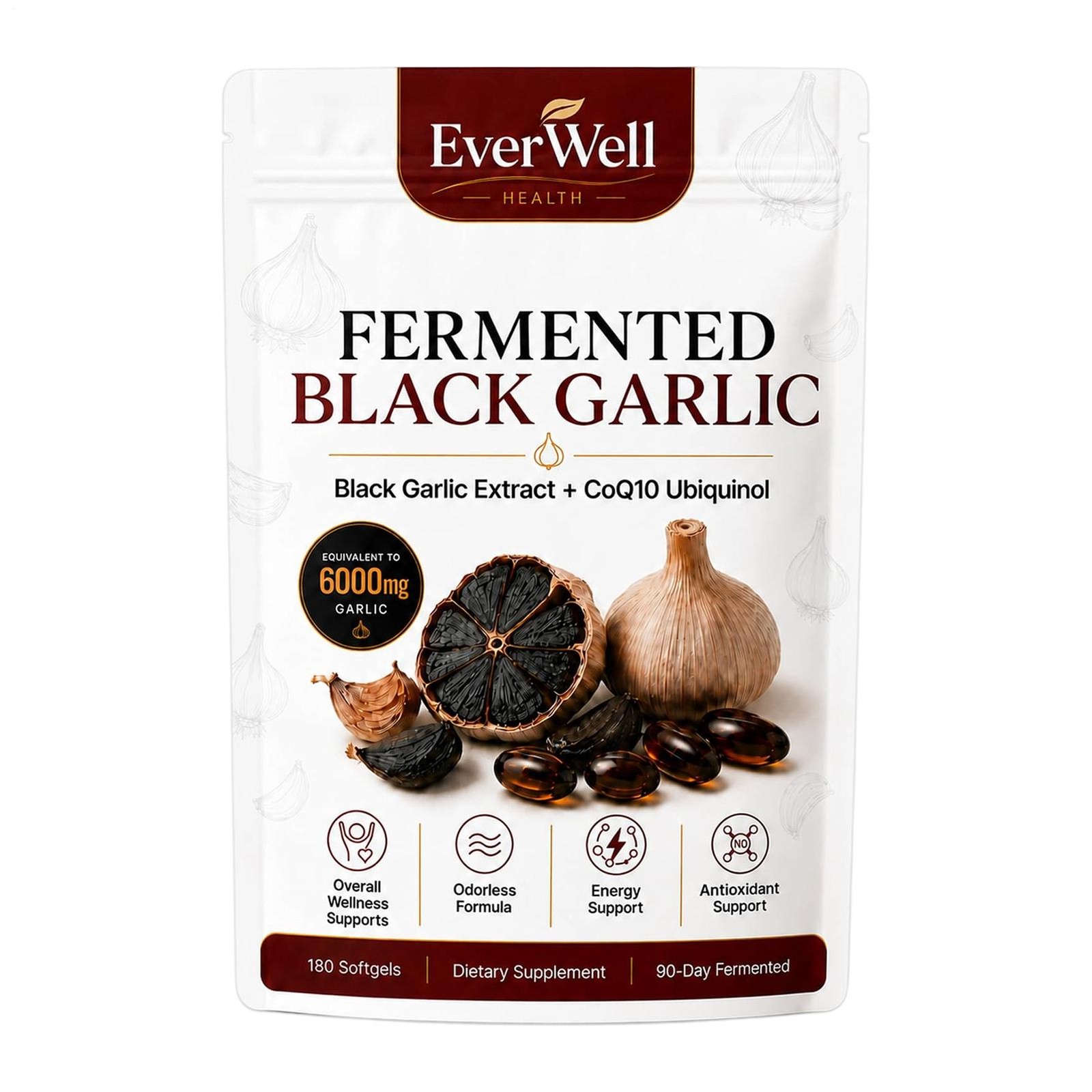 Everwell Fermented Black Garlic 180 Softgels, Odorless Vegan Non-GMO Supplement
