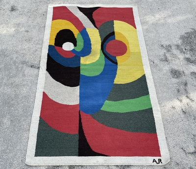 #ad Signed AR Hand Woven Wool Rug Abstract Mid Century 36x66 $1349.95