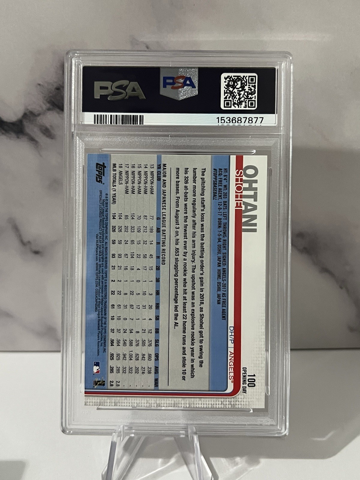 2019 Topps Opening Day - Shohei Ohtani #100 PSA 9 view 2
