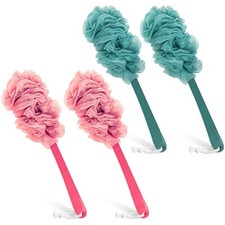 4Pack Back Scrubber for Shower Qewro Loofah on a Stick Pink White and Green