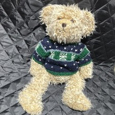 Beige Plush Teddy Bear Polyester with Blue  Green Knit Sweater, Label