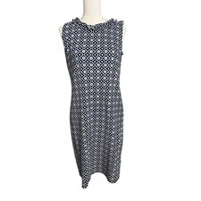 Talbots Shift Dress Womens Small Blue Geometric Ruffle Neck Jersey Knit