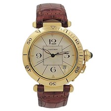 Cartier Pasha 18k Gold 38mm Automatic Watch with Brown Leather Strap and Ivory D