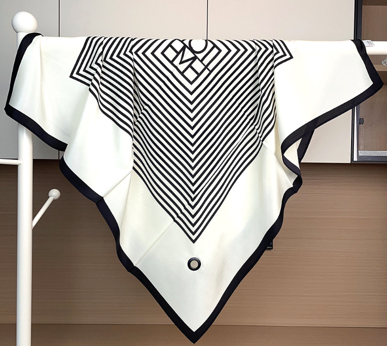 Twill Silk 14 Momme Neckerchief 88X88cm Scarf Circular grid Print Women Bandana