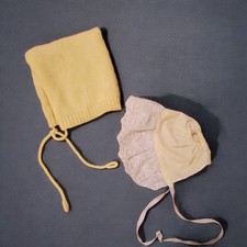 Vintage Hand Crocheted Baby Hat  Bonnet With Eyelet Lace In Soft Yellow Lot 2