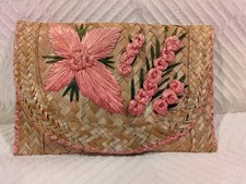 Wicker Woven Floral Bag Straw Raffia Boho Clutch 1960s Beach Clutch Vintage