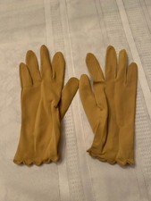 Wrist Length Mustard Gloves with scalloped wrists that gather with a partial ela
