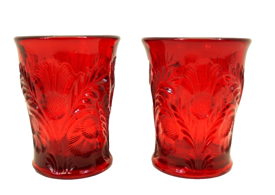 MOSSER RUBY RED GLASS PITCHER & (2) TUMBLERS INVERTED THISTLE PATTERN VINTAGE - Image 2 of 4