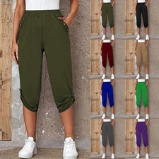Ladies Summer 3/4 Shorts Cropped Pedal Pushers Pants Stretch Capri Trousers 6-20
