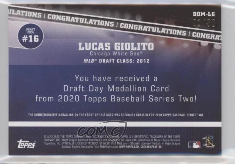 2020 Topps Draft Day Medallions Black /50 Lucas Giolito #DDM-LG - Image 2 of 2