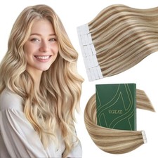 Ugeat Highlights Tape in Hair Extensions Real Human Hair Golden Brown Highlig...