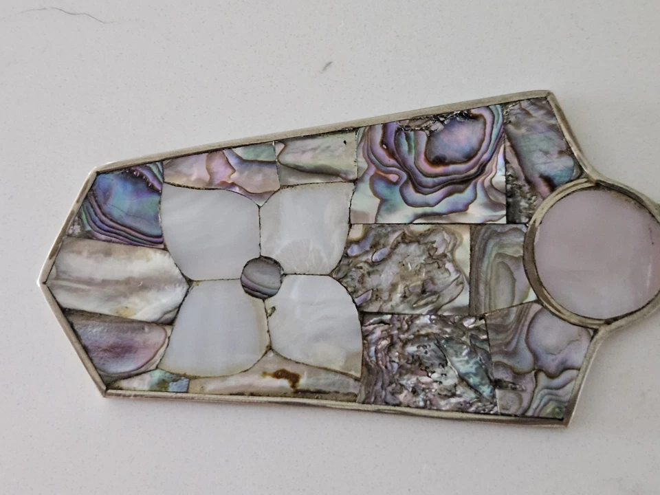 Servidor de Pasteles de Plata Alpaca México De Colección - Incrustación de Concha de Abulón - Mediados de Siglo Foto 3 de 4