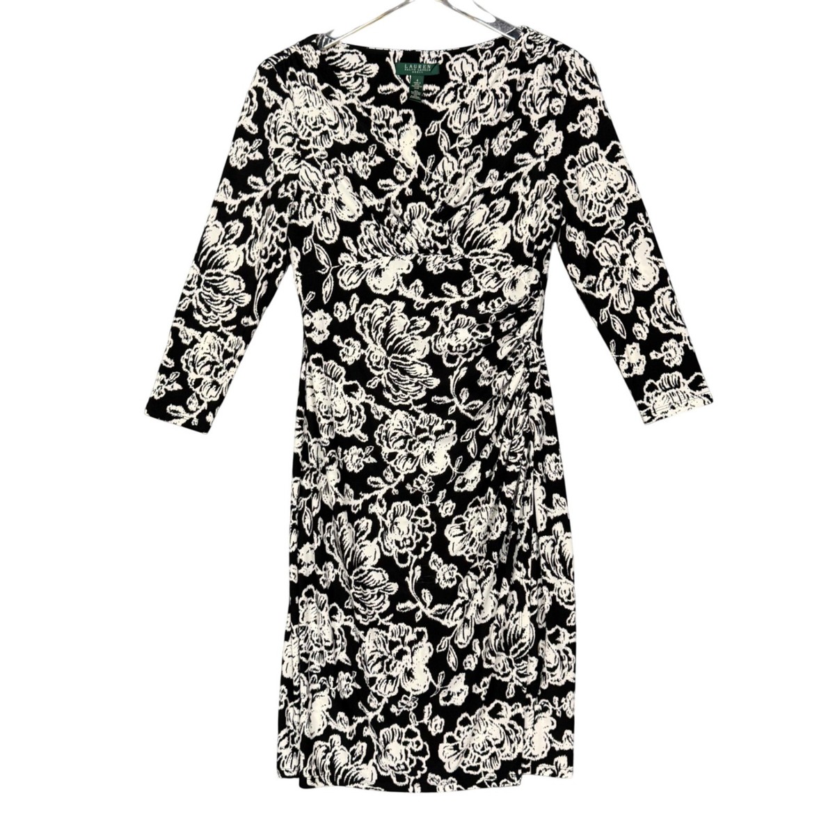 ralph lauren black and white floral dress Lauren Ralph Lauren Dress Womens 4 Black White Floral Long Sleeve Faux Wrap