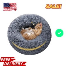 Fluffy Donut Cuddler Plush Pet Bed Dog Cat Soft Warm Round Calming Bed Washable