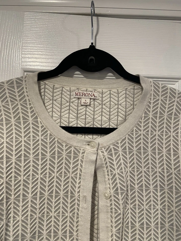 Cárdigan elástico ligero manga 3/4 tejido texturizado gris crema talla L Merona Foto 2 de 4