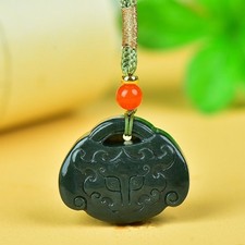 Natural Hetian Green Jade Hand carved Ancient Beast Lucky Pendant Necklace