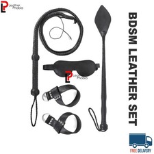Real Leather BDSM Bondage Set with Wrist Cuffs, Eye Mask, Riding Crop, and Whip