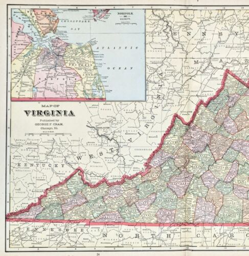 1908 VIRGINIA Map ORIGINAL RAILROADS (20X13) LARGE Norfolk Richmond - Picture 3 of 5