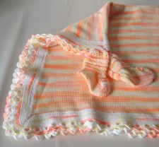 Hand Knit Wool Baby Blanket  Booties 34 x 38 Bright Orange Yellow Crochet Edge