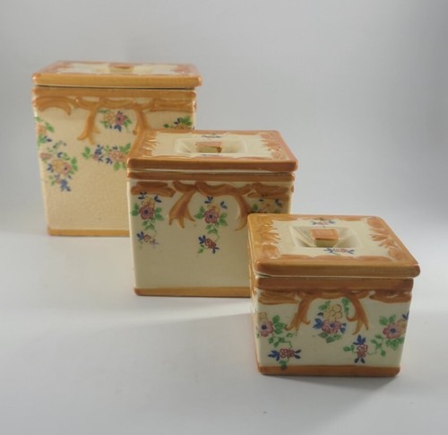 1930s - 1940s Vintage Tashiro Shoten Japan Floral Orange Cream Canister Set - Picture 3 of 17