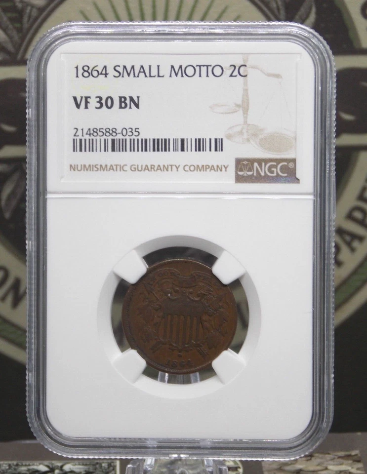 1864 Two 2 Cent Piece *SMALL MOTTO* 2c NGC VF30 BN #035 Very Fine *KEY* ECC&C - Image 3 of 4