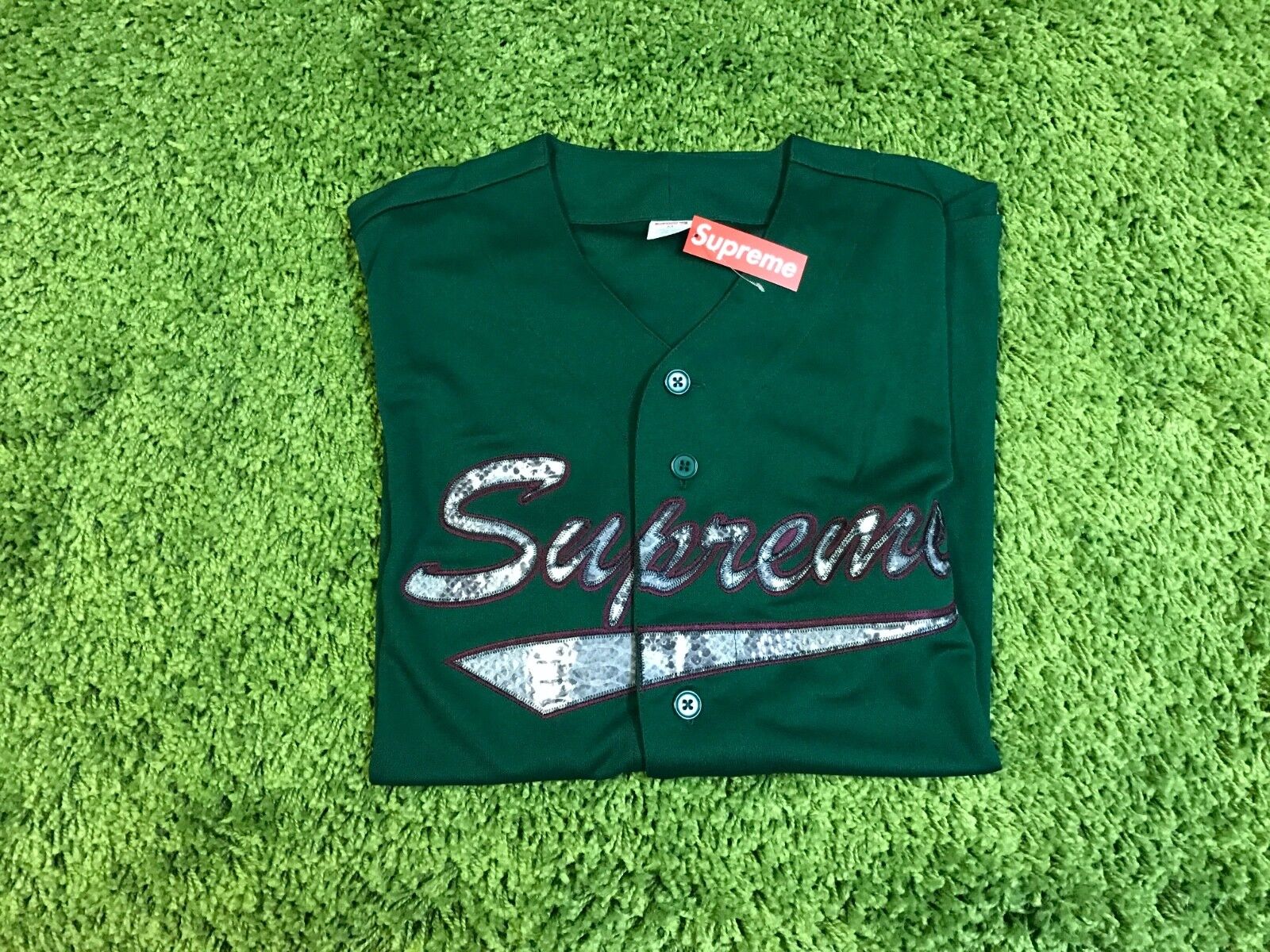 Supreme F/W 2017 Snake Script Logo Baseball Jersey (Green, Pink)Box Logo