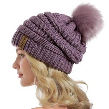 Women Knit Slouchy Beanie Chunky Baggy Hat with Faux Fur Pompom Winter Soft W...