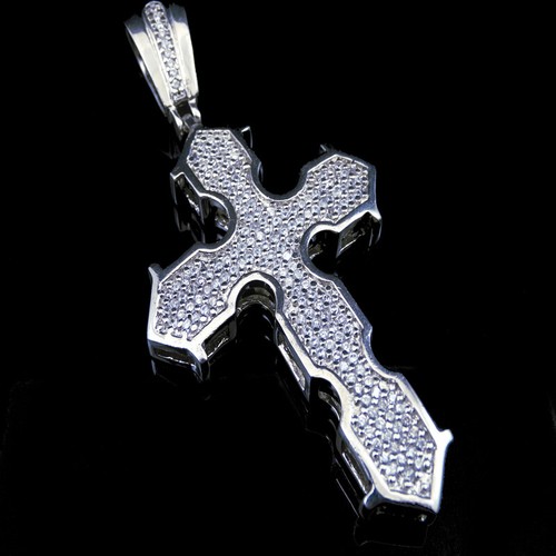 JESUS CROSS CHARM WHITE LAB SIMULATE ON WHITE GOLD FINISH PENDANT & NECKLACE SET - Picture 4 of 6