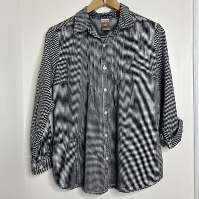 White Stag Black White Gingham Print Button Front Blouse Women s Large Pintuck