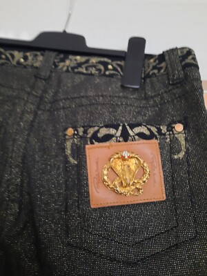  Jeans Damen RobertoCavalli W27 SchwarzGoldGlitzern Logo Verziert Top Vintage