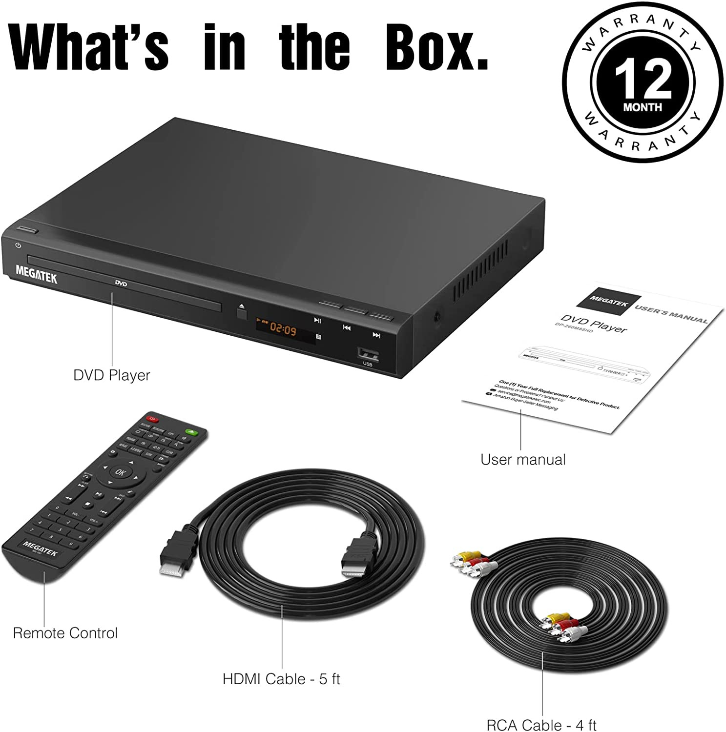 MEGATEK Region-Free DVD Player | HDMI & CD | USB Port | Remote & Cables