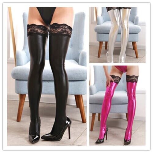 Sexy Lace Latex Faux Leather Thigh-High Stockings Women Wet Look Sock Clubwear - Afbeelding 1 van 16