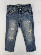 American Eagle Sz 00 Boy Fit Jeans Retro Stone Wash Distressed Casual Crop