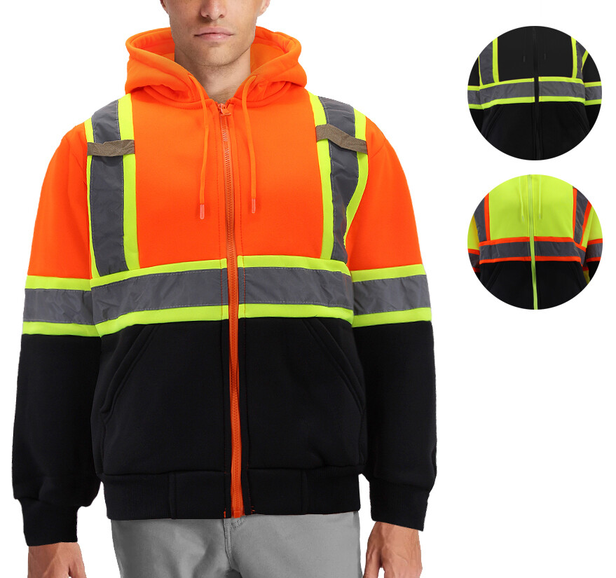 Men's Neon High Visibility Reflective Strip Zipper Fleece Hoodie - Main Image