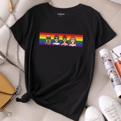 SHEIN Womens Figure And Rainbow Striped Pride Print Tee Size S