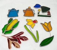 Lot VTG 7 Leaded Stained Glass Suncatcher MCM Woman-Flowers-Pitchers-Leaf-Corn